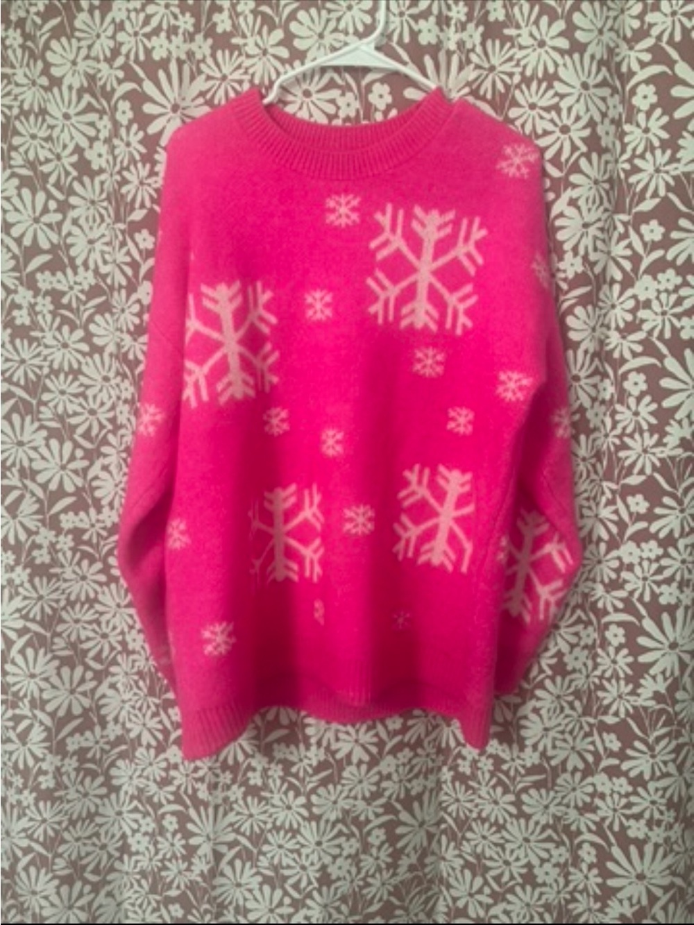 Women's Bright Pink Snowflake Crewneck Sweater